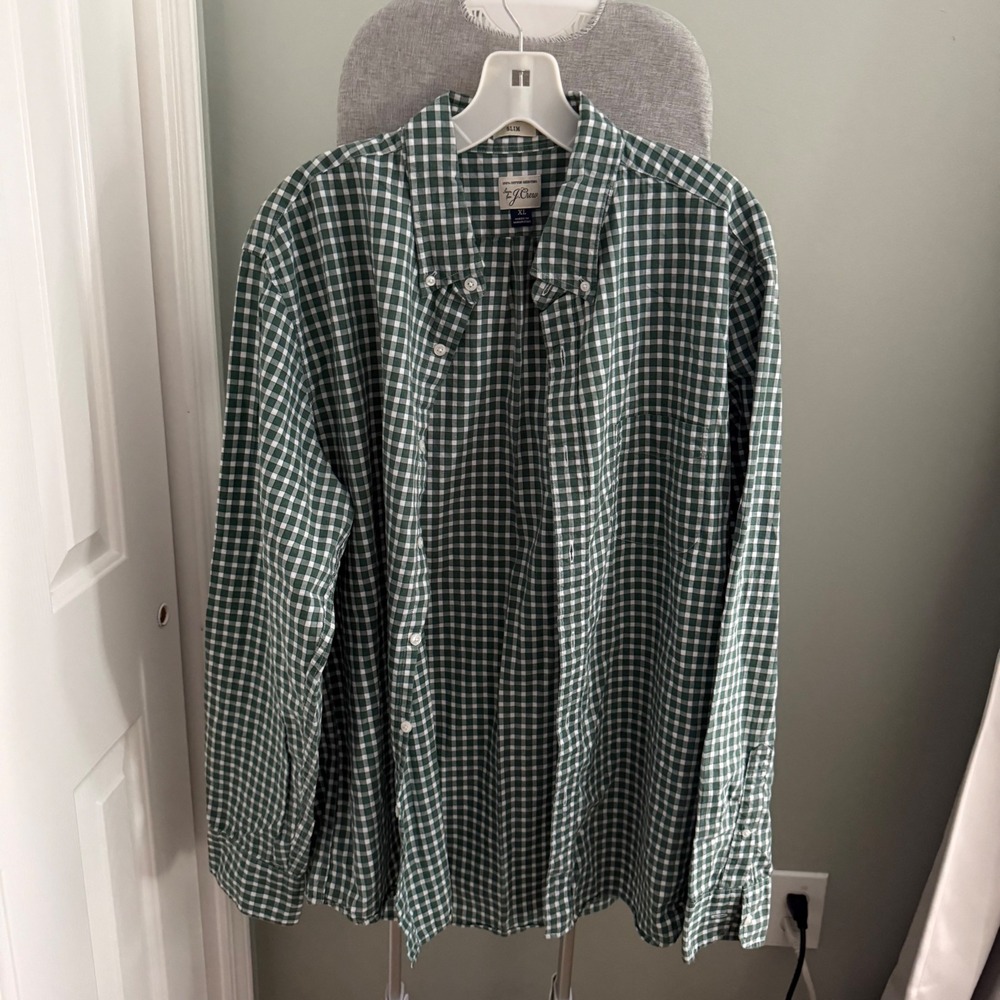 J.Crew Secret Wash Shirt XL Slim Green Gingham Cotton Preppy Coastal Grandpa